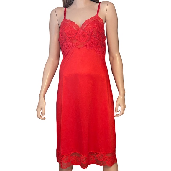 Vanity Fair Vtg 50s 60s Slip Chemise Lipstick Red Tricot Nylon Lace Bodice Lacy - Picture 2 of 16